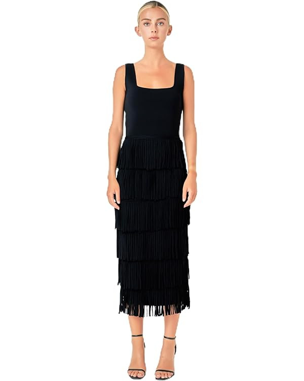 endless rose Knit Fringe Long Dress, Black, M | Amazon (US)