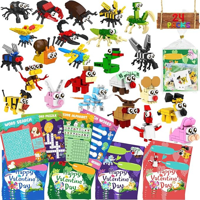WODMAZ Valentines Day Cards for Kids Classroom, 24 Packs Animals and Insects Building Blocks with... | Amazon (US)