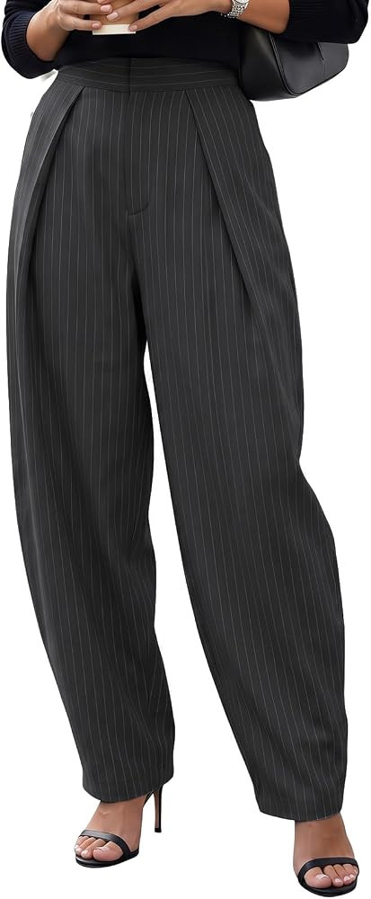EXLURA Women Faux Linen Striped Barrel Pants Casual Business Work Palazzo Trousers Wide Leg Pleat... | Amazon (US)