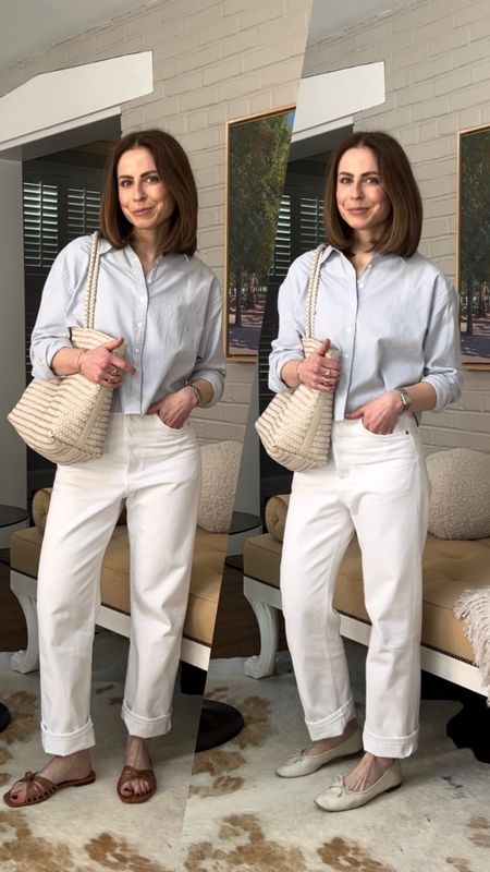 White cuffed jeans Agolde
Striped cropped button up Faherty
Tan sandals MG Style x Antonio Melani 
Ivory ballet flats Sam Edelman old
Ivory woven leather tote bag madewell 

#LTKfindsunder100 #LTKitbag #LTKstyletip