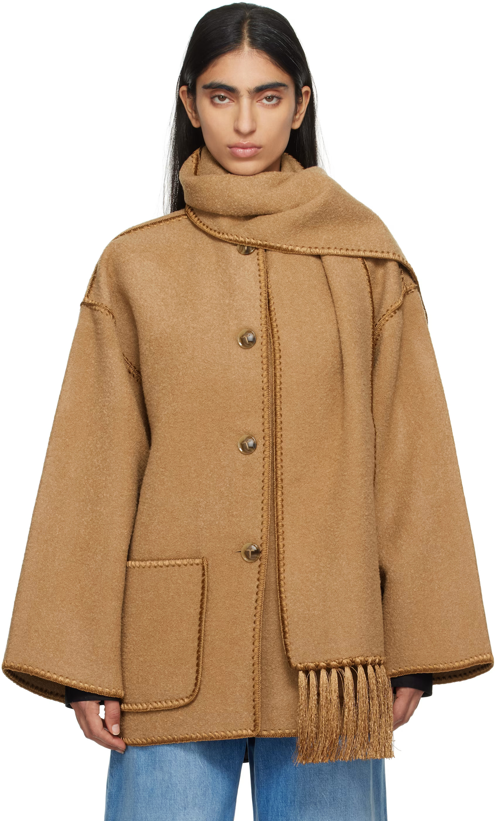 Tan Embroidered Scarf Jacket | SSENSE