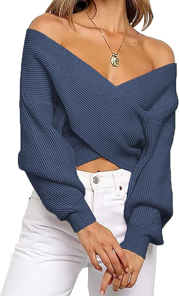 BTFBM Women Casual V Neck Long Sleeve Sweaters Cross Wrap Front Off Shoulder Asymmetric Hem Knitted  | Amazon (US)