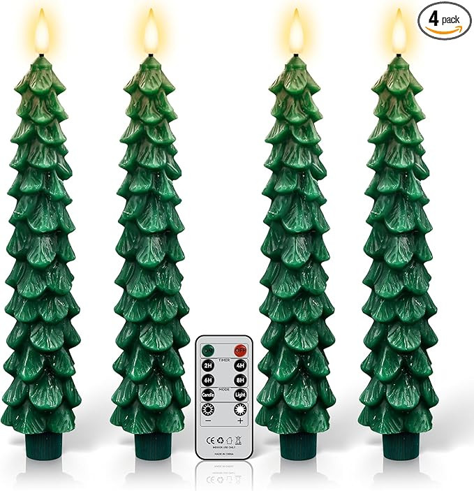 4 Pack Flameless Christmas Tree Candles with Remote, 9.8” LED Battery Operated Taper Candles, G... | Amazon (US)