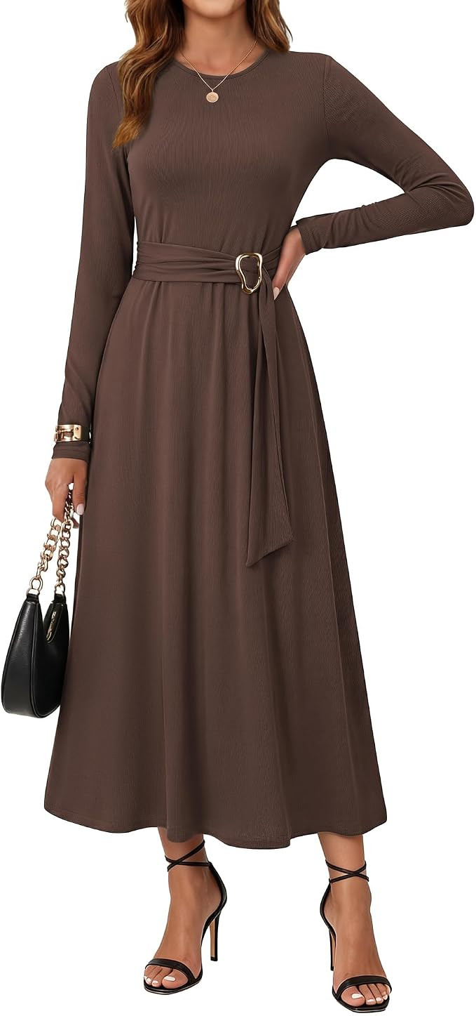 GRACE KARIN Womens Long Sleeve Fall Maxi Casual Dresses 2026 | Pocket Crew Neck Belted A Line Flo... | Amazon (US)