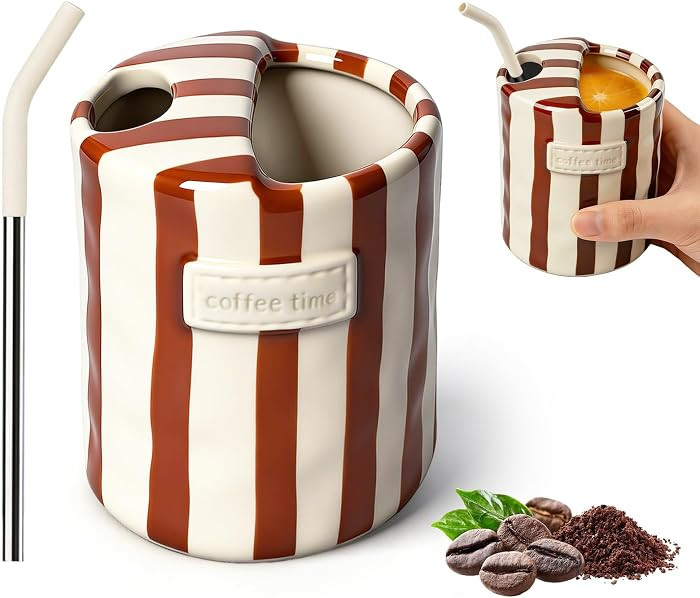 Ceramic Coffee Mug with Sip Hole, 10oz Retro Striped Coffee Cups, Cute Ceramic Coffee Mugs Hand-P... | Amazon (US)