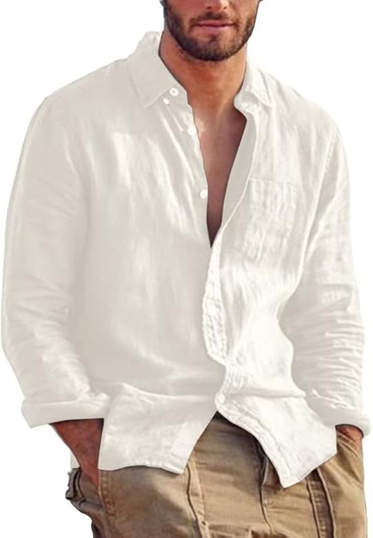 Men's Linen Shirts Button Down Long Sleeve Shirt Casual Beach Shirt Fashion Tops | Amazon (US)