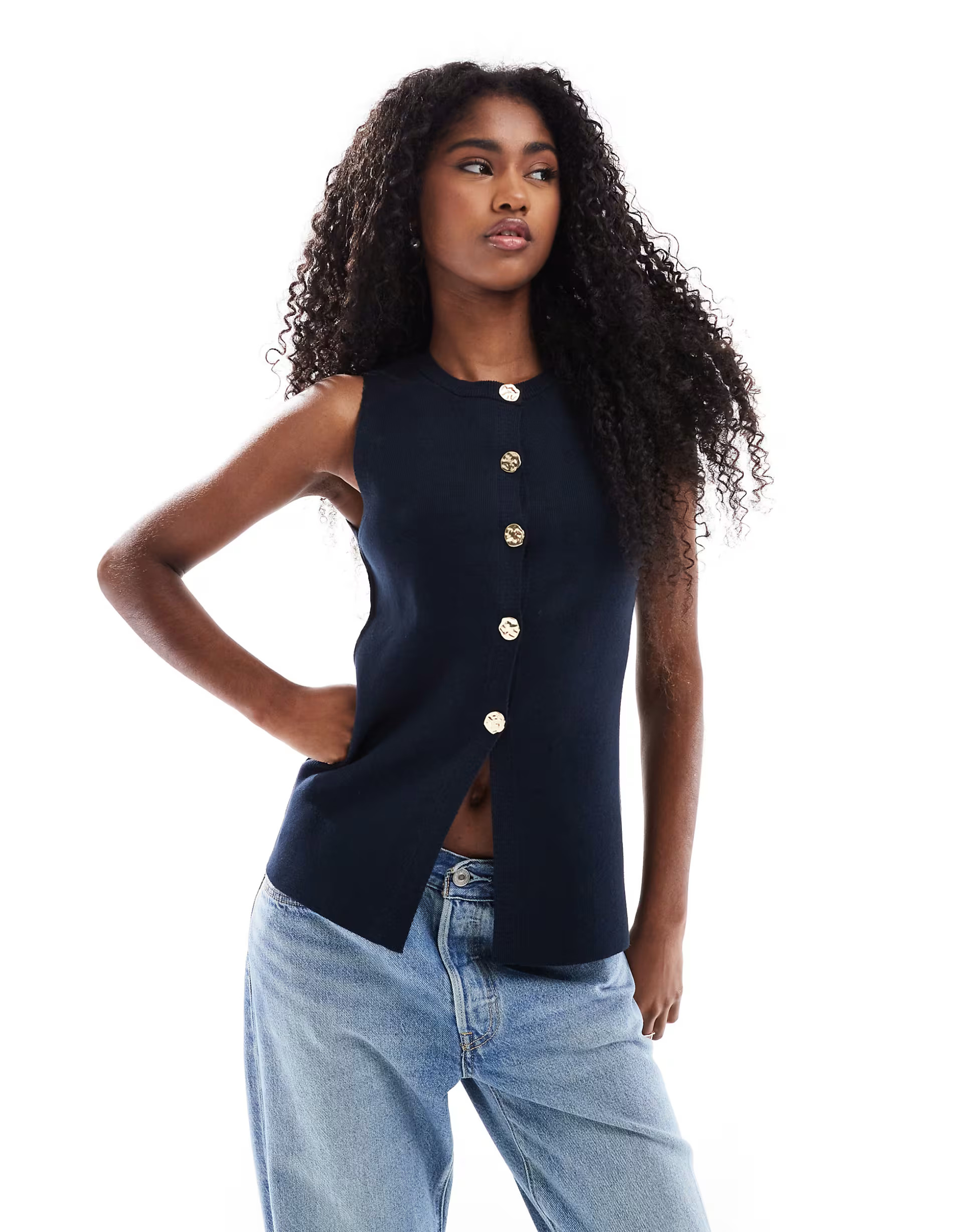 ASOS DESIGN knitted crew neck structured waistcoat with gold buttons in navy | ASOS (Global)