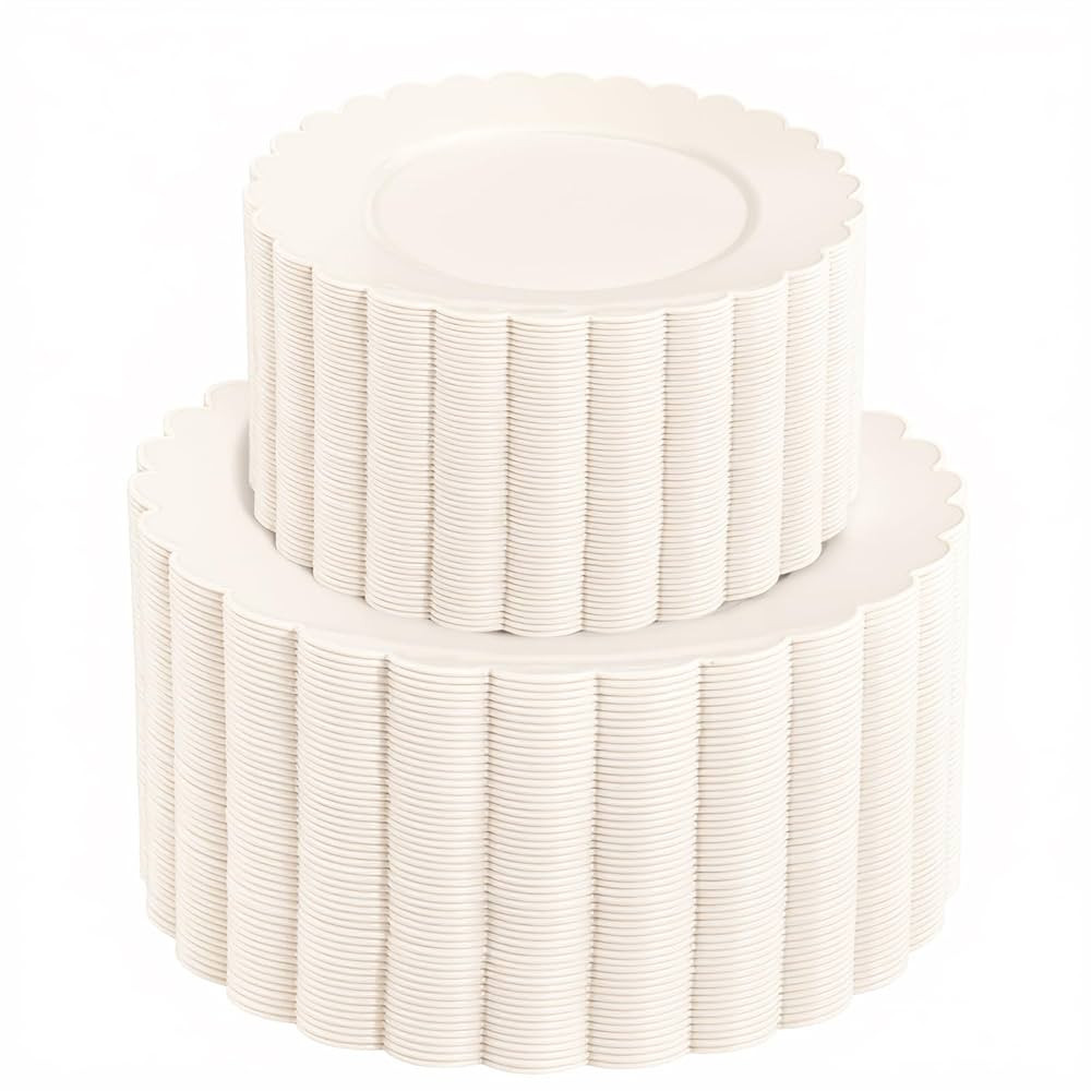 supernal 100pcs Ivory Plastic Plates Fancy Disposable Scalloped Plates for Party Heavy Duty for P... | Amazon (US)