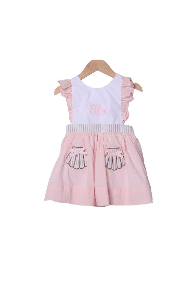 Applique Sea Shell PInk Swiss Dot Dress | The Smocked Flamingo