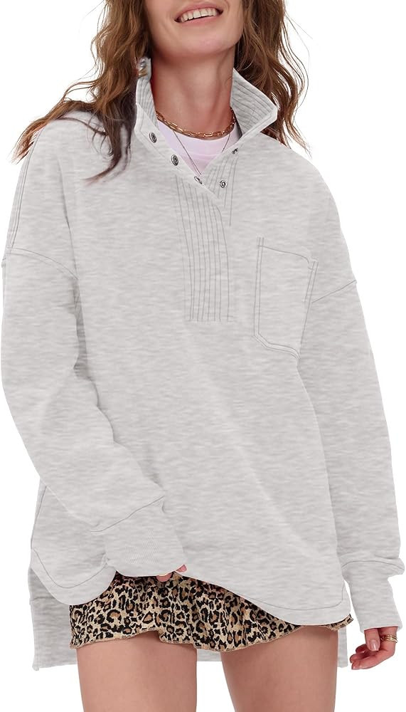 Locachy Womens Casual Oversized Sweatshirt Long Sleeve Button Henley Neck Pullover Tops Fashion O... | Amazon (US)