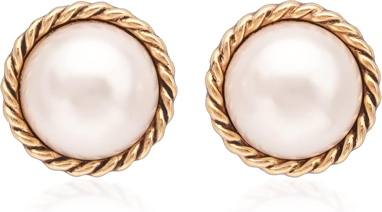 Large Pearl Earrings for Women, Chunky Gold Button Pearl Studs | Gold Twist Trim, Statement Vinta... | Amazon (US)