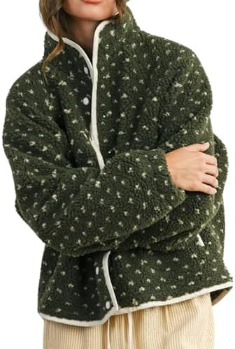 Women's Fleece Jacket Button Down Lapel Collar Sherpa Jackets Long Sleeve Contrast Quilted Outerw... | Amazon (US)