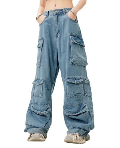 Lafaguw Baggy Cargo Pants Women Men Multi-Pocket High Waisted Wide Leg Jeans Casual Streetwear Grunge Emo Y2K Clothes(Blue4-L) | Amazon (US)