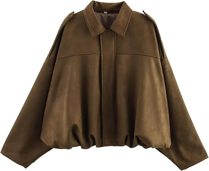 Faux Suede Jacket Women Oversized Long Sleeve Zip Up Epaulet Bomber Leather Jackets Oversized Cas... | Amazon (US)