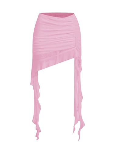 Floerns Women's Solid Asymmetrical Side Ruched Ruffle Hem Low Waist Mini Skirt Pink Small | Amazon (US)
