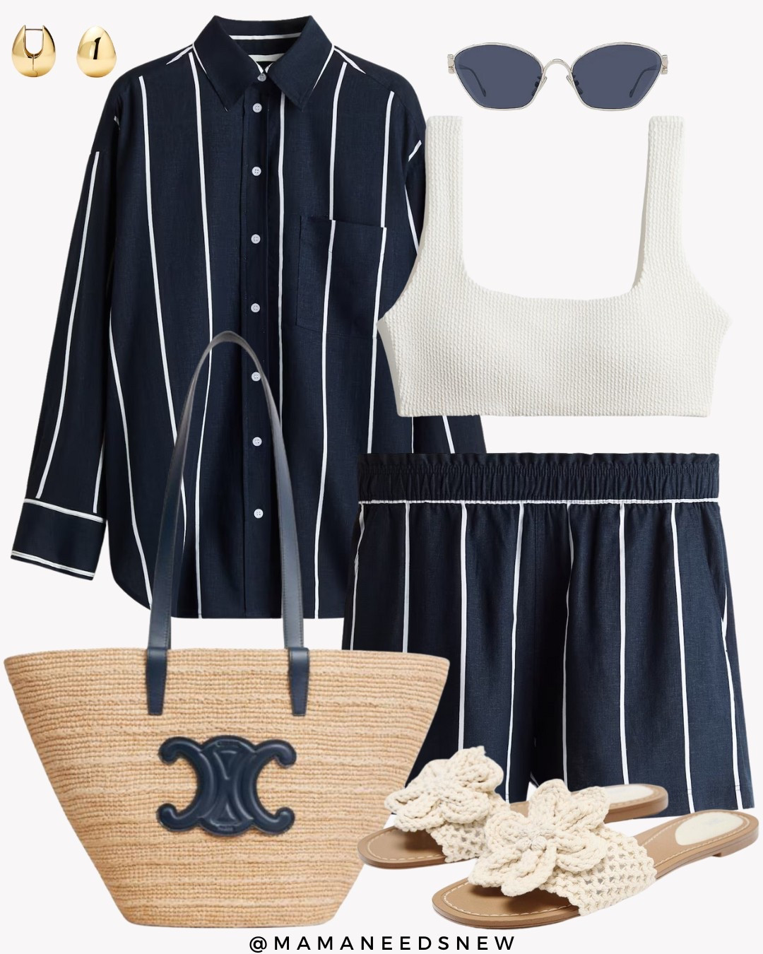 A summer vacation outfit with a matching striped linen blend shirt and shorts set, raffia tote bag, crochet slide sandals, swimsuit 💙

#LTKItBag #LTKStyleTip #LTKSaleAlert