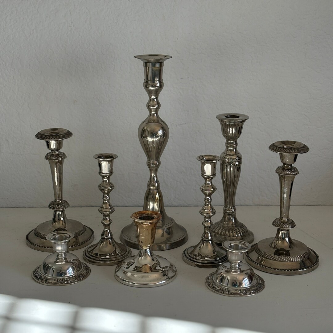 Gorgeous Set of 9 vintage silver plate candlesticks varying sizes home decor trends vintage boho ... | Etsy (US)