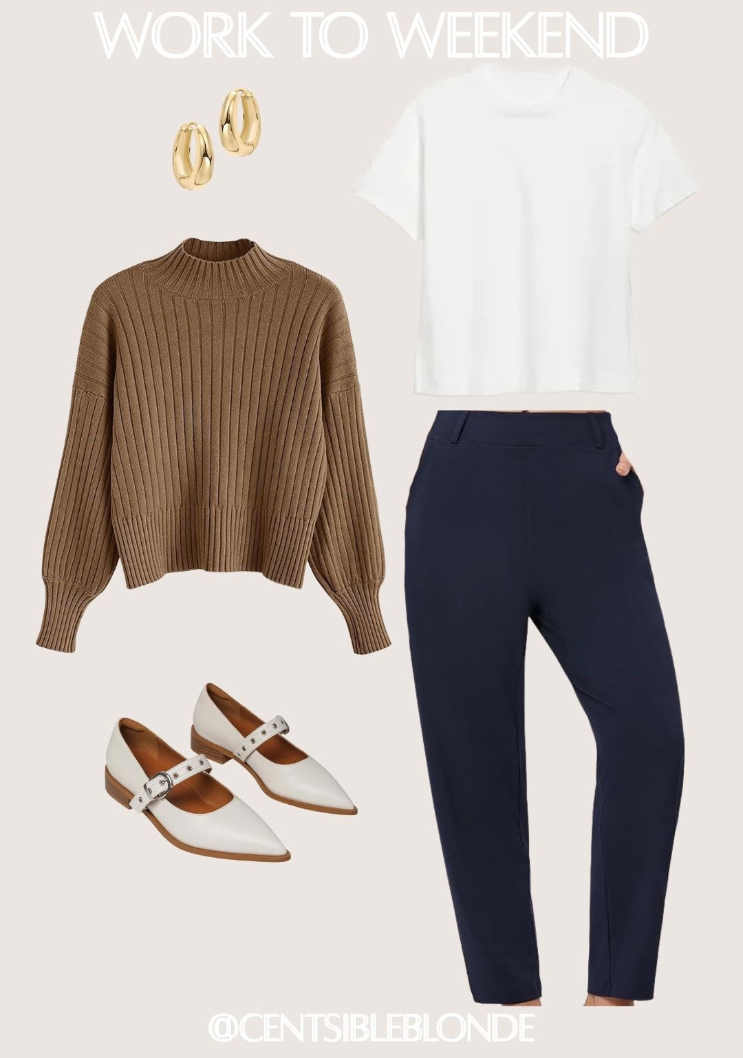 Work to weekend, navy pants, Mary Jane flats, ivory flats, white tee, workwear, weekend outfit, ankle pants, brown sweater, pullover sweater, gold earrings, gold hoops, work outfit 

#LTKWorkwear #LTKootd #LTKmomlife