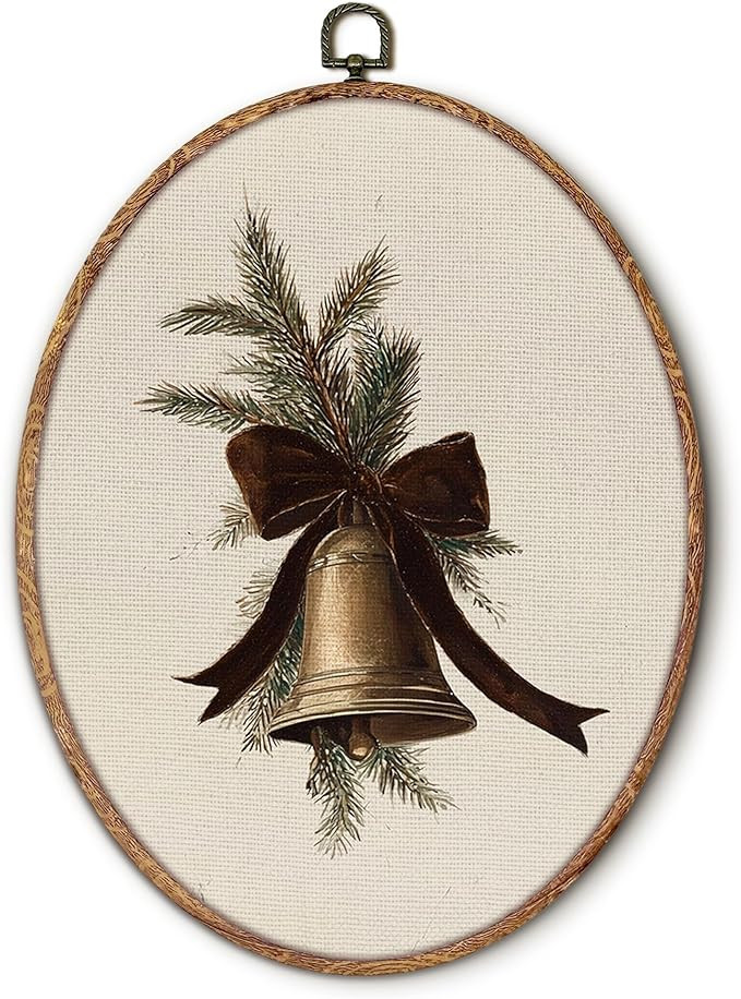 Hxlac Vintage Christmas Bell Oval Wall Art Framed, Neutral Christmas Bell Pine Bow Oval Wall Deco... | Amazon (US)