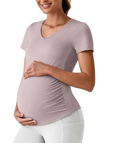 G4Free Pregnancy Shirts for Women Athletic Ruched Stretchy Maternity Short Sleeve T Shirt V Neck Yoga Workout Casual Lounge Tops(Purple,XL) | Amazon (US)