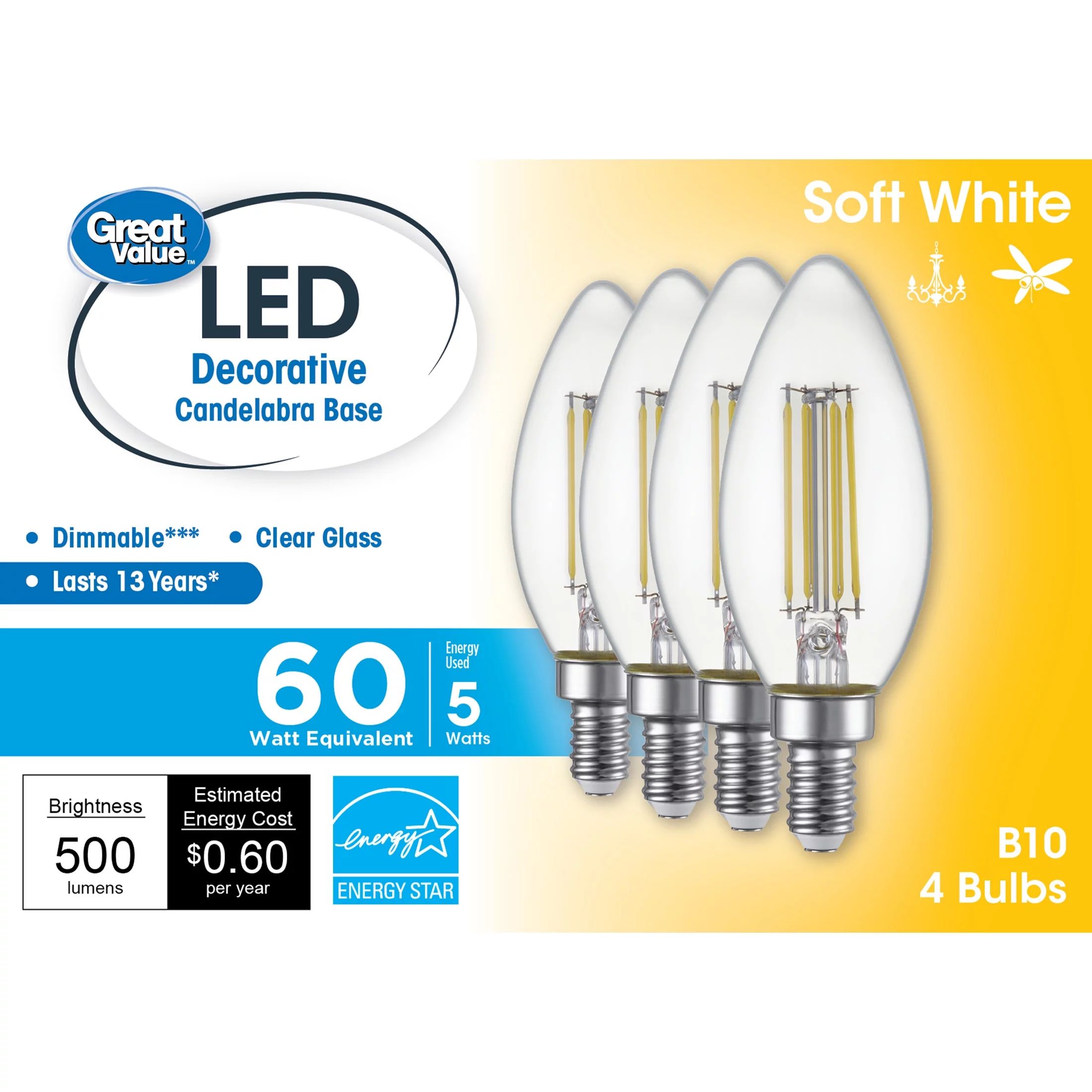 Great Value LED Light Bulb, 5.5 Watts (60W Equivalent) B10 Deco Lamp E12 Candelabra Base, Dimmabl... | Walmart (US)