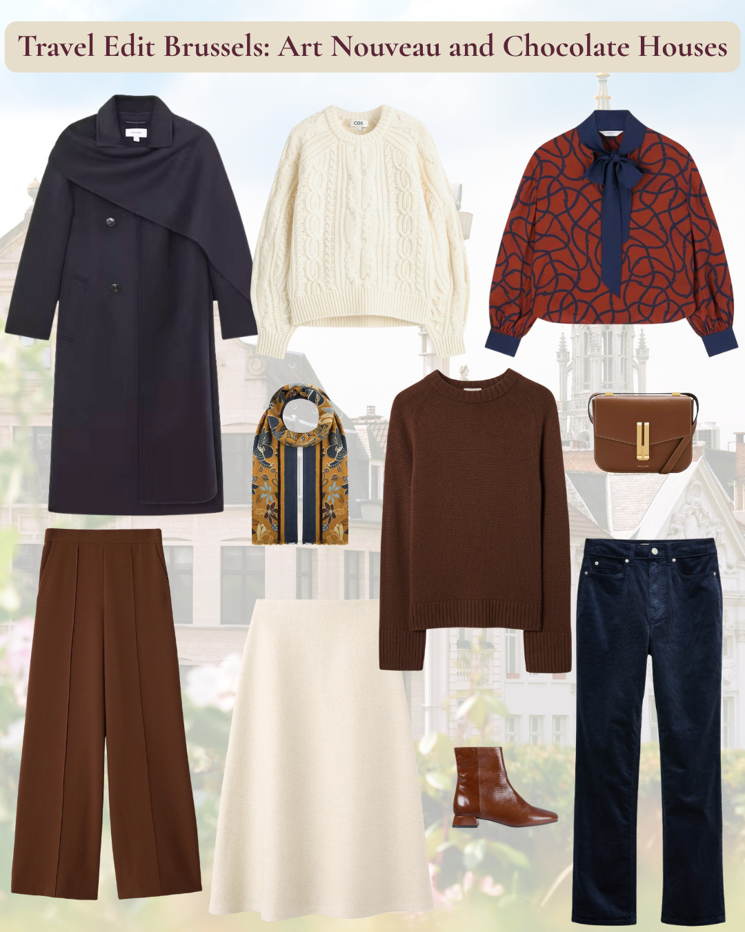 Travel edit - Brussels - Art Nouveau architecture, chocolate houses, grand cafes. City style that works for galleries, cobblestone streets, and elegant dining. Navy, rust and cream. Cream wool skirt and cable knit jumper, rust trousers and jumper, tan accessories, navy and rust blouse, navy cords and wool coat. 

 #LTKuk #LTKtravel #LTKover50style