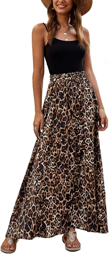 Bluetime Women Flowy Long Skirts Summer Beach Pleated Elastic High Waisted Casual Maxi Skirts | Amazon (US)
