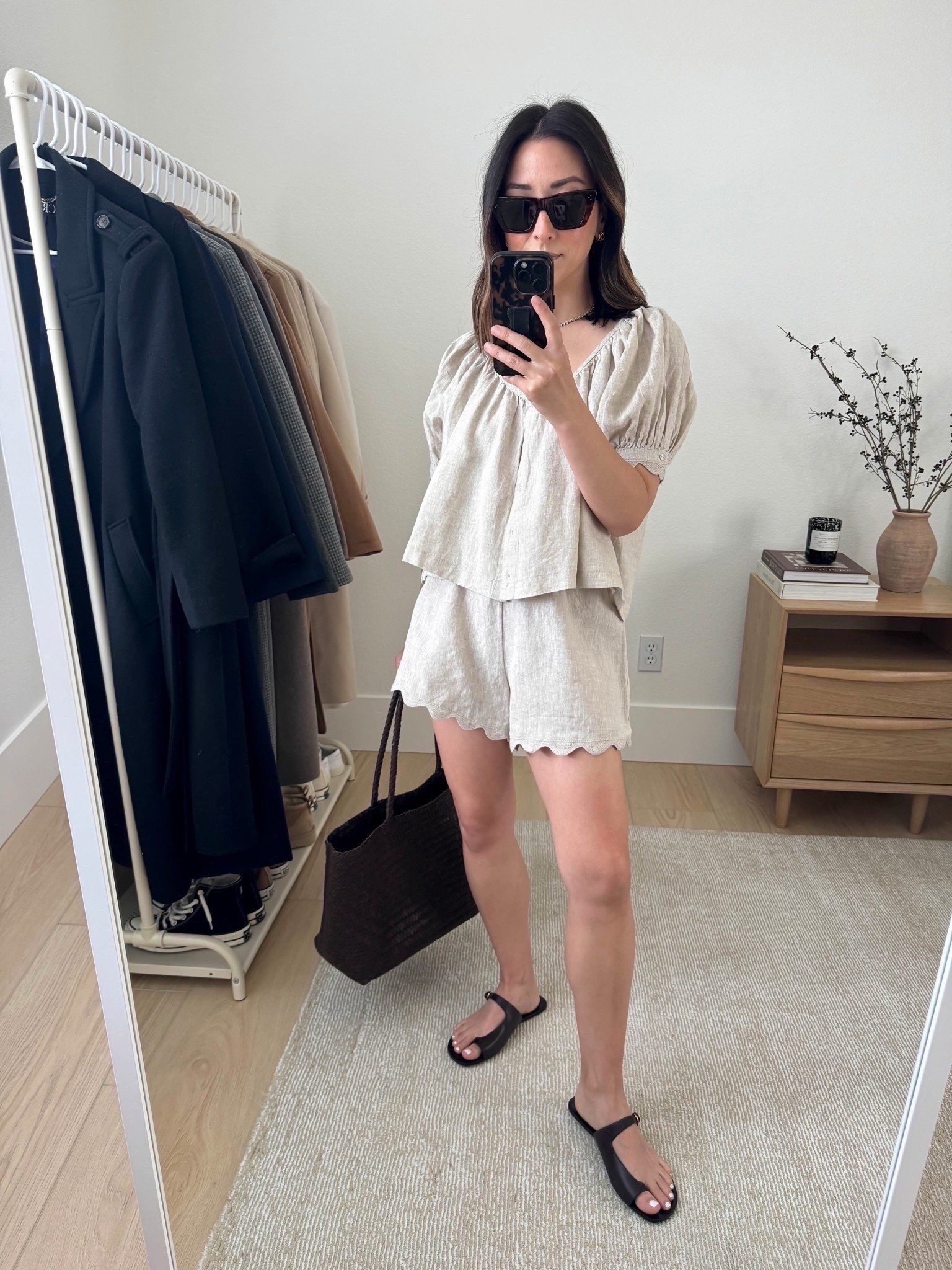 Hot weather outfit ideas. How to look elevated in the heat. This Tuckernuck set runs short in the shorts. No pockets, but love the scalloped details. 

Tuckernuck top xs
Tuckernuck shorts xs
Zara sandal 5
Madewell tote
Celine sunglasses 
Dorsey James necklace 15"
J.Crew earrings

Summer style, summer outfits, petite style, sandals 



#LTKPetite #LTKSeasonal #LTKShoeCrush