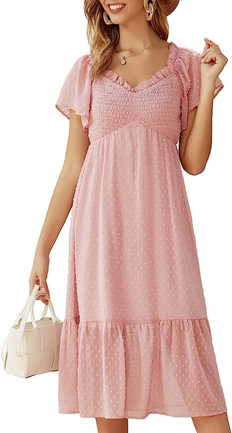GRACE KARIN 2023 Women Off Shoulder Flutter Sleeve Midi Dress Smocked Flowy Casual Party Cocktail... | Amazon (US)