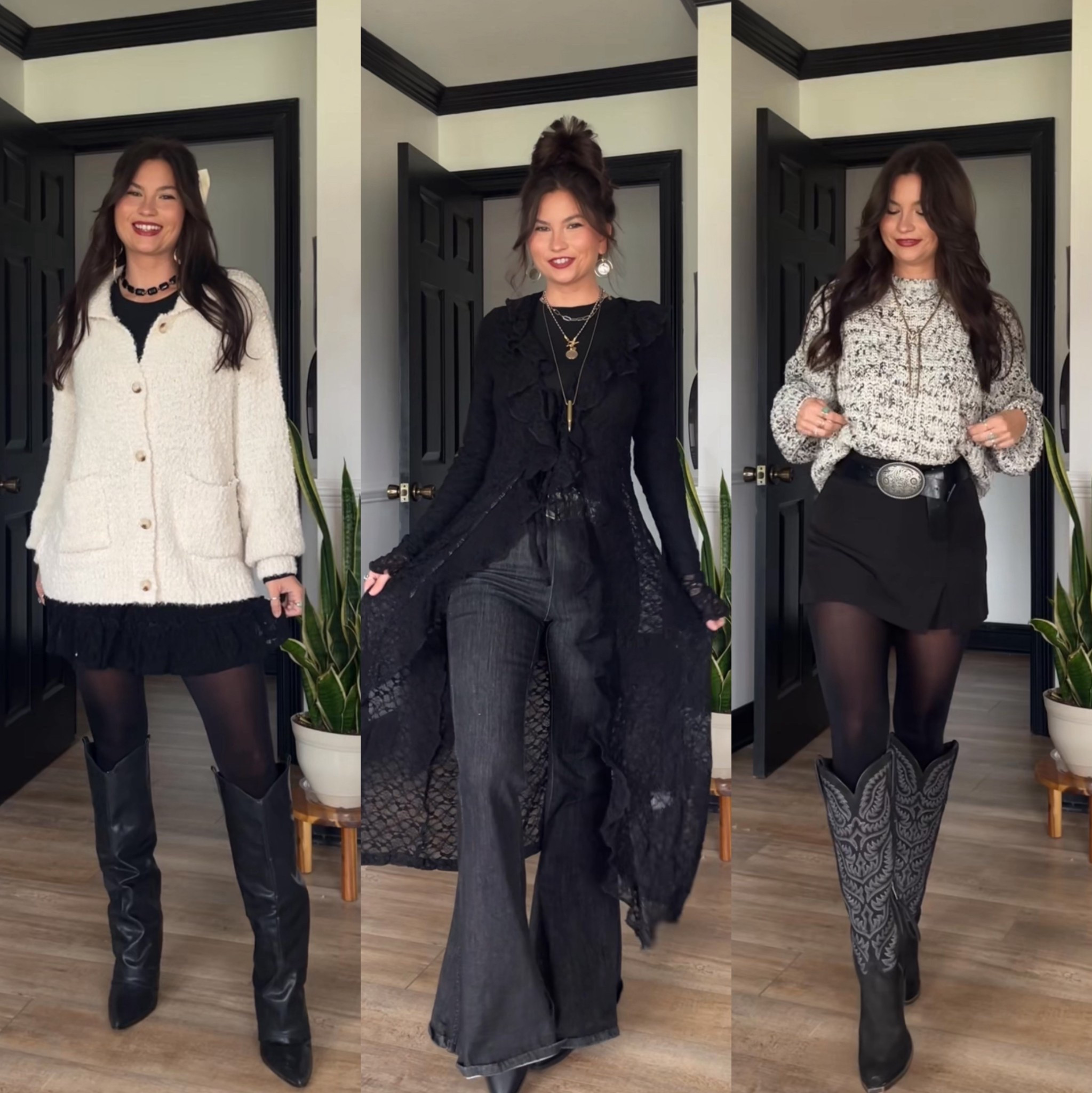 Black and neutral cold weather outfits! Flares, cardigan/sweater, skorts, boots, and tights 😍 

LORILYNN35 to save on gray sweater
LORI10 to save on black choker from Highway hippie 
LORI to save on lace skort, collared cardigan, and kimono 

#LTKSaleAlert #LTKootd #LTKPetite