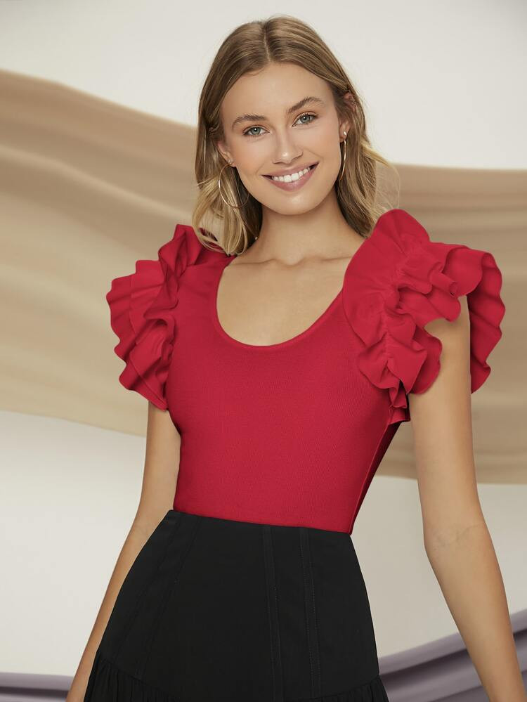 SHEIN Unity Ruffle Trim Scoop Neck Tee | SHEIN