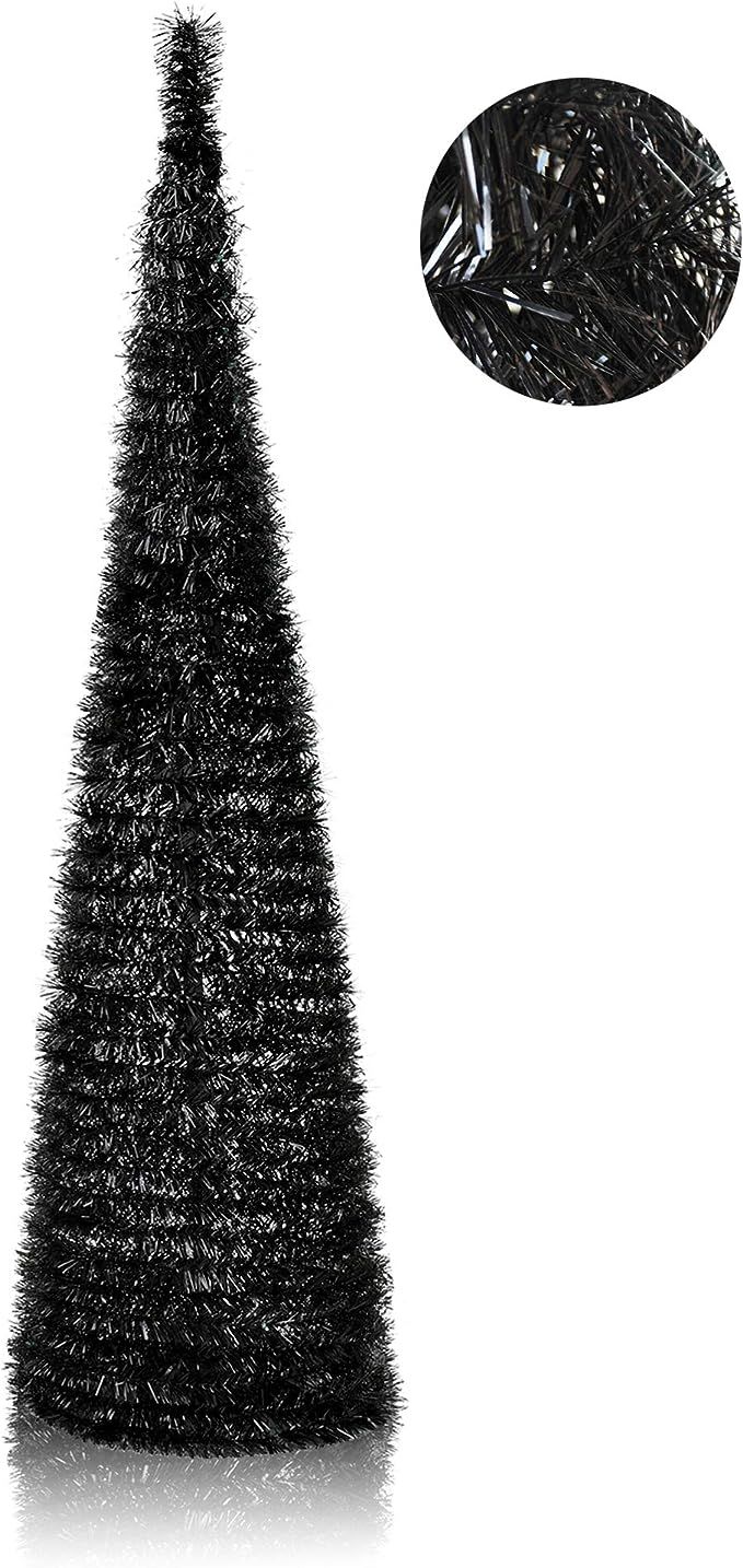 5' Slim Black Tinsel Pop-Up Artificial Halloween Christmas Tree,Collapsible Pencil Halloween Chri... | Amazon (US)