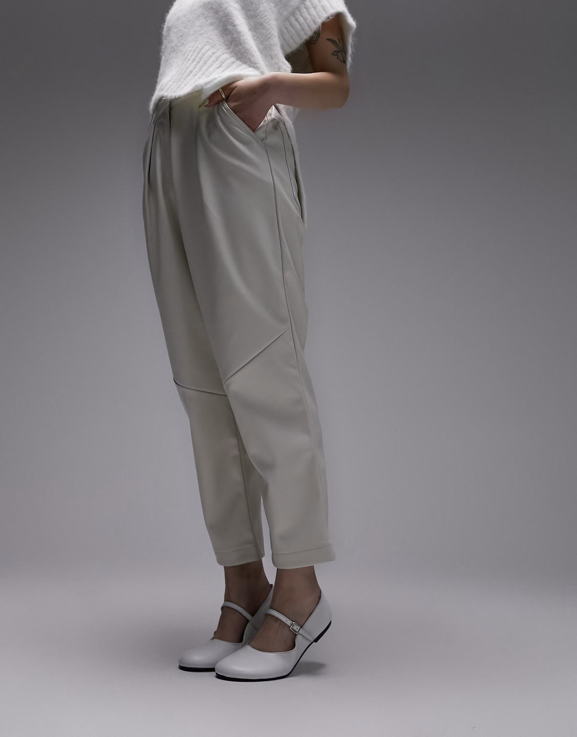 Topshop Petite faux leather high waist pleated peg trouser in ecru | ASOS (Global)