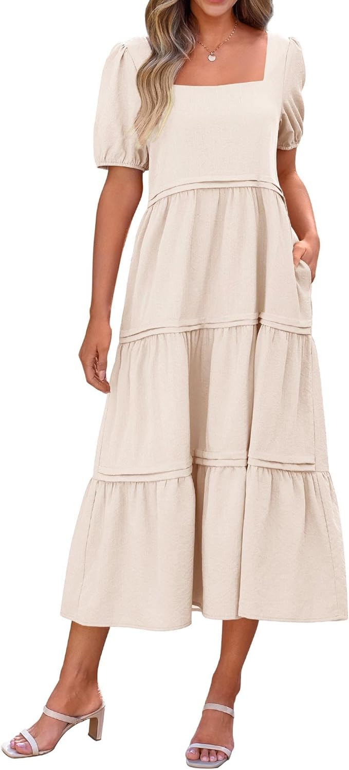 KIRUNDO Women Summer Dresses 2024 Spring Fashion Boho Puff Sleeve Square Neck Pocketed Loose Fit ... | Amazon (US)