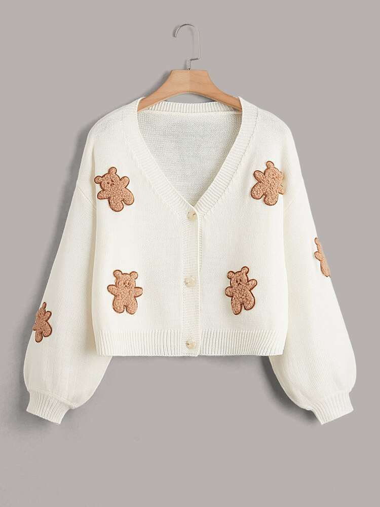 SHEIN EZwear Drop Shoulder Bear Embroidery Cardigan | SHEIN