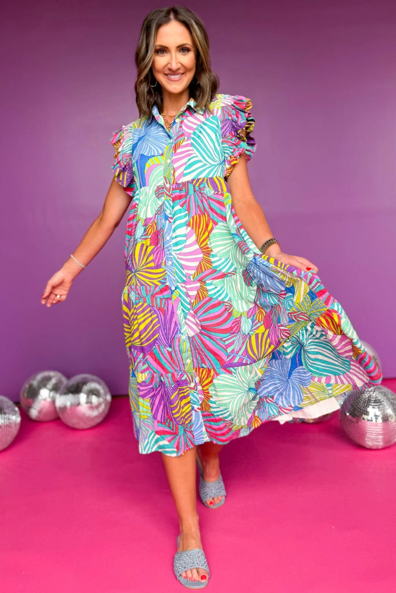 Aqua Multi Print Collared Neck Smocked Frill Shoulder Tiered Midi Dress | Shop Style Your Senses