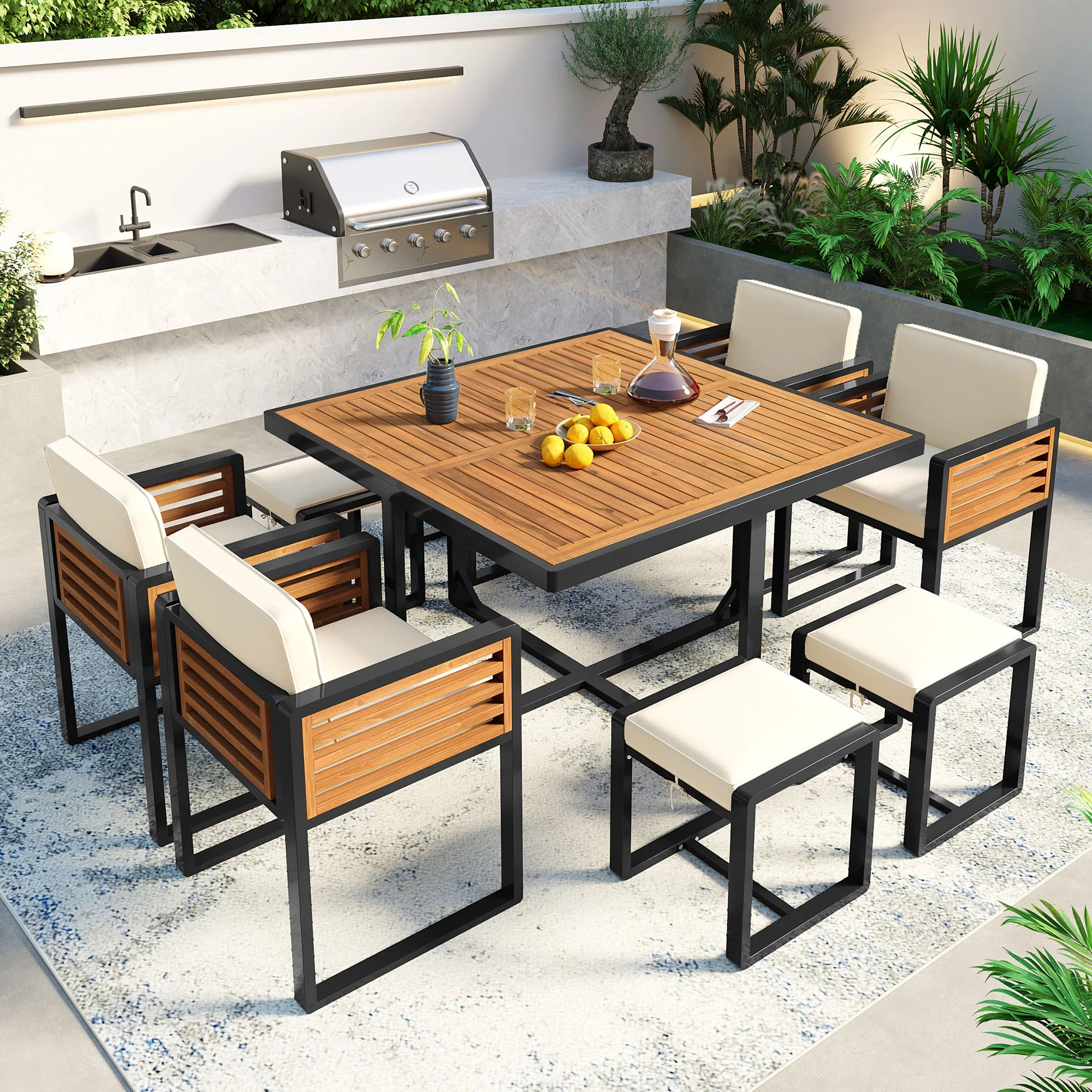17 Stories Phillip Patio Acacia Wood Dining Set with Cushions & Ottomans | Wayfair | Wayfair North America
