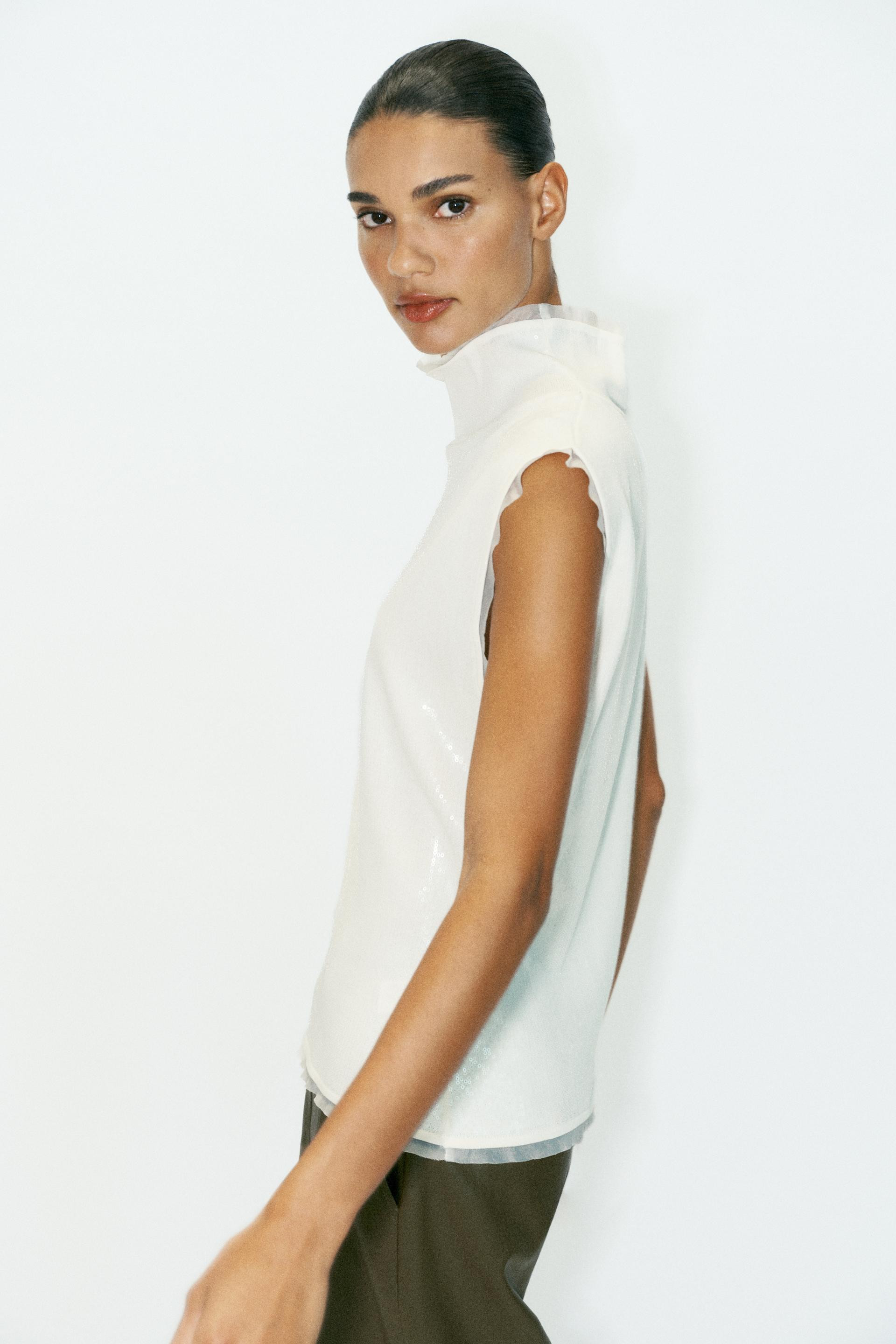 Zara - Sequin Knit Top - White - M - Woman | Zara US