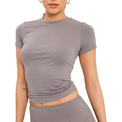 Women’s Short Sleeve T Shirt Crew Neck Solid Color Crop Top Casual… | Amazon (US)