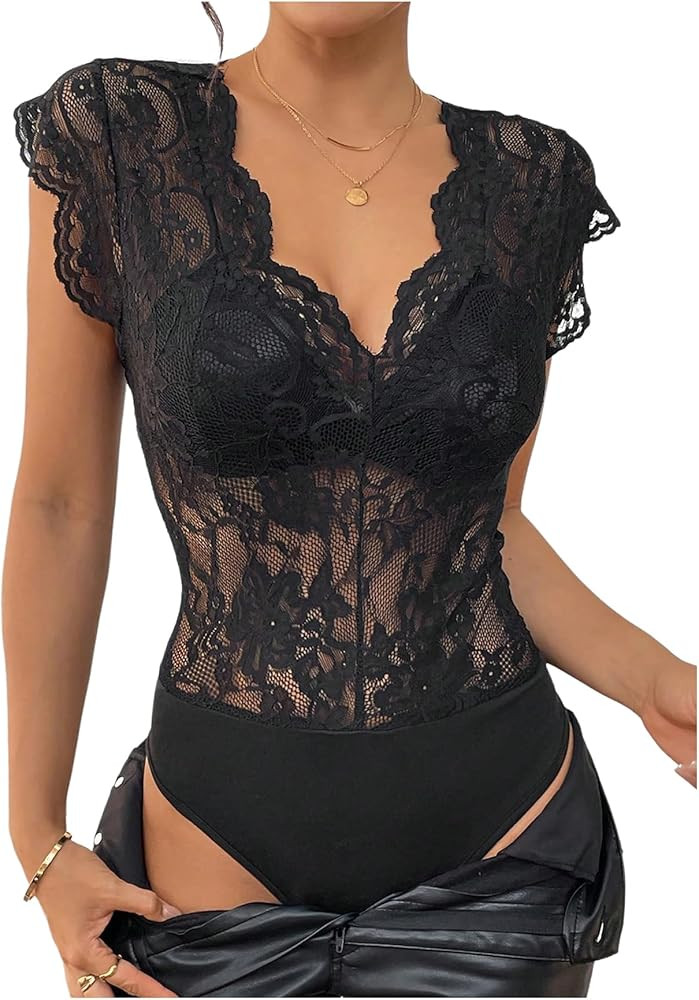 MakeMeChic Women's Floral Lace Sheer Bodysuit Deep V Neck Cap Sleeve Scallop Leotard Tops | Amazon (US)