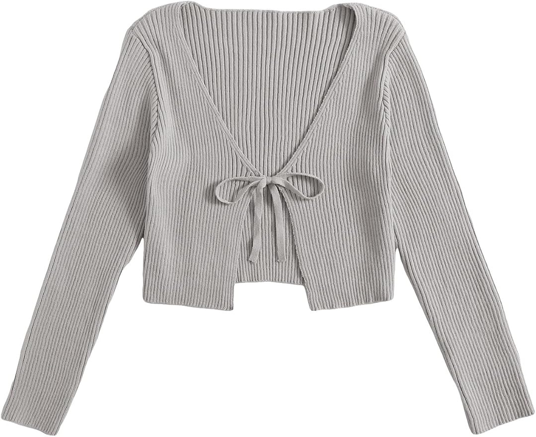 Floerns Women's Tie Front Long Sleeve Rib Knit Shrug Sweaters Cardigan Crop Top | Amazon (US)