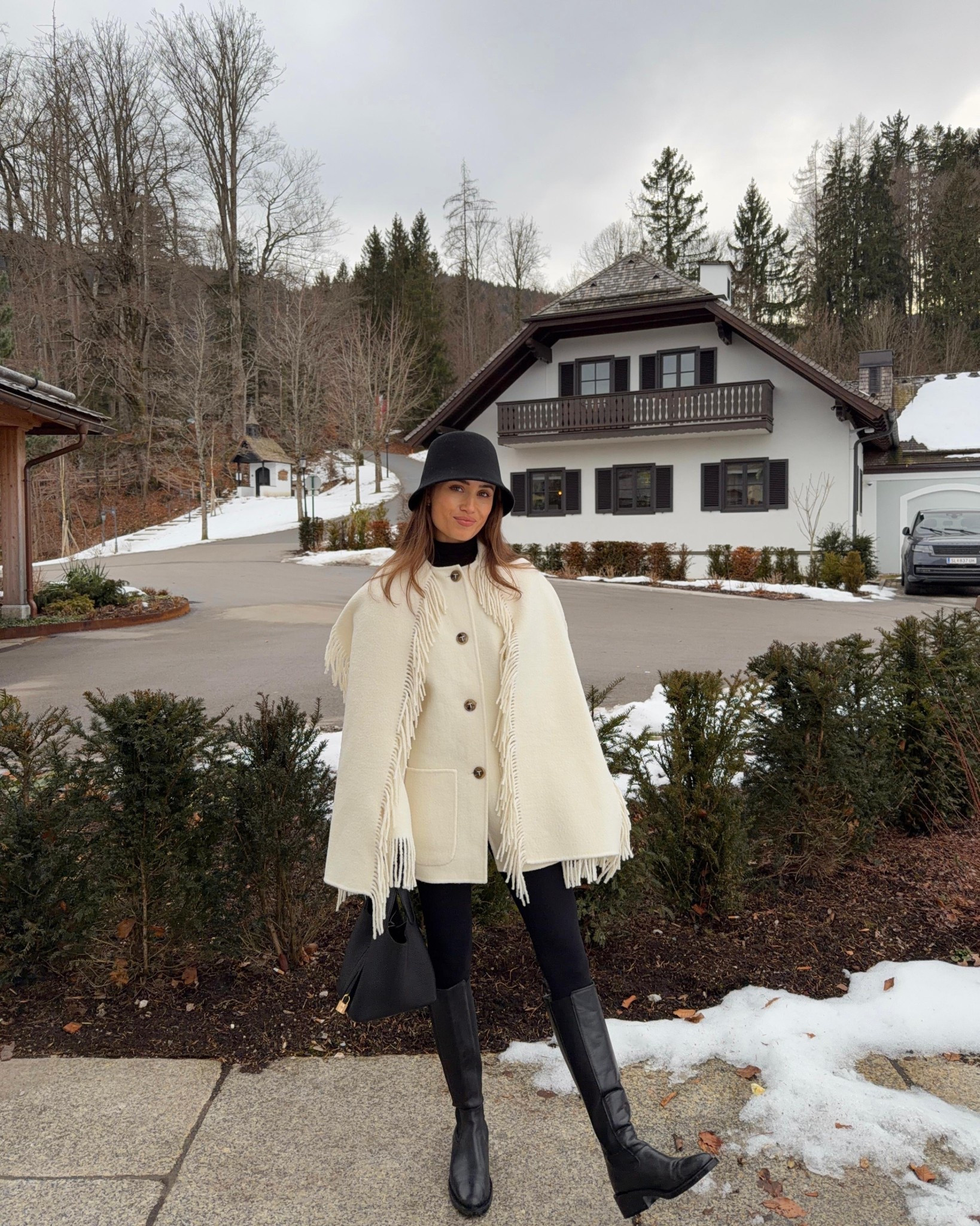 Days in Austria🇦🇹 wearing a white fringe jacket by toteme, a black Parfois bucket hat, black Commando leggings and my black Hermes picotin bag in a size 18

#LTKshoes #LTKstyletip