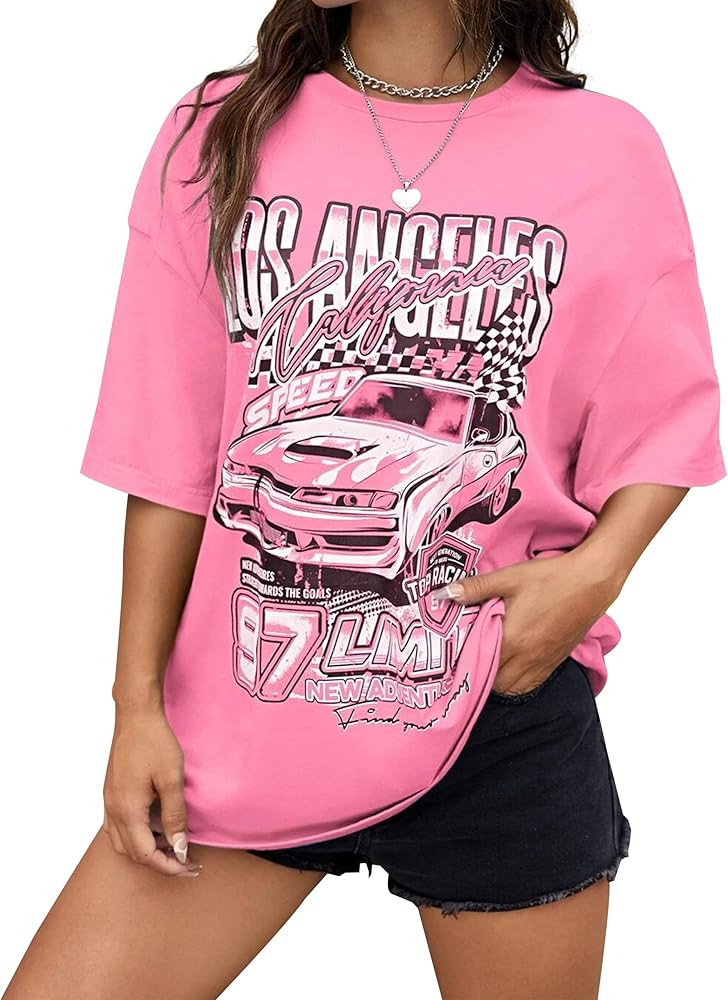 MISSACTIVER Women Los Angeles Racing Letter Graphic Print T-Shirt Oversized Short Sleeve Round Neck  | Amazon (US)