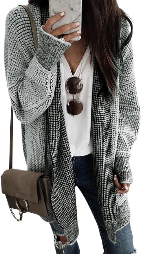EVALESS Cardigan Sweaters for Women Open Front Oversized Lantern Sleeve Plaid Chunky Waffle Knit ... | Amazon (US)