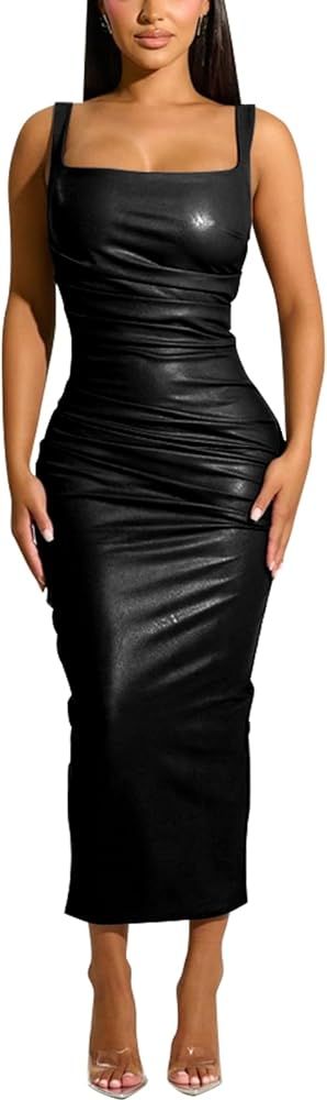 Women's Pu Leather Sleeveless Bodycon Dress Ruched Tank Dress Party Bodycon Dress | Amazon (US)
