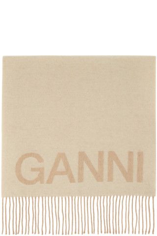 GANNI - Beige Fringe Logo Scarf | SSENSE