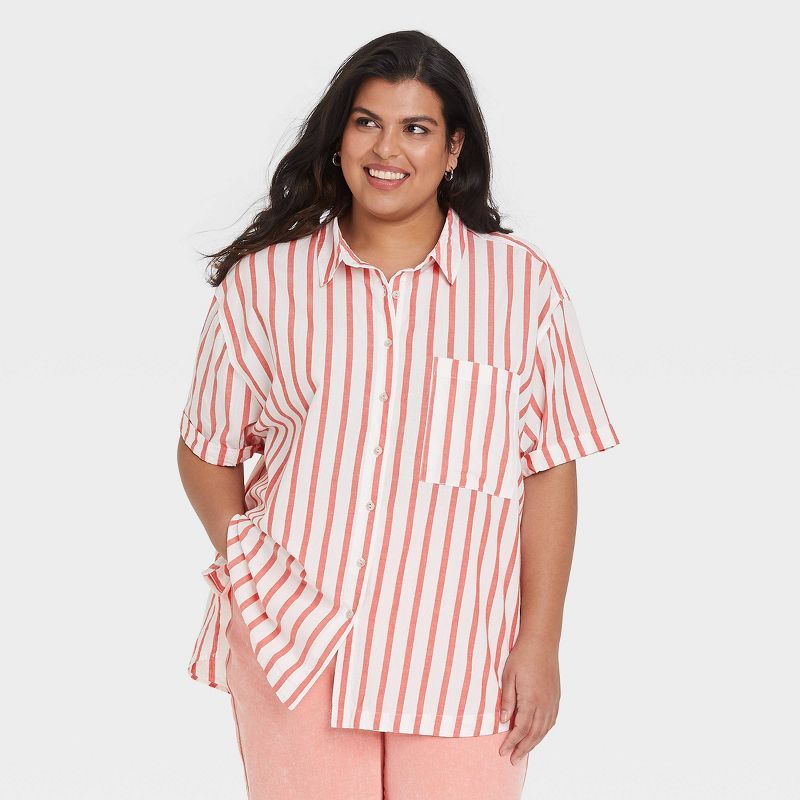 Women's Plus Size Short Sleeve Button-Down Top - Ava & Viv™ Orange | Target