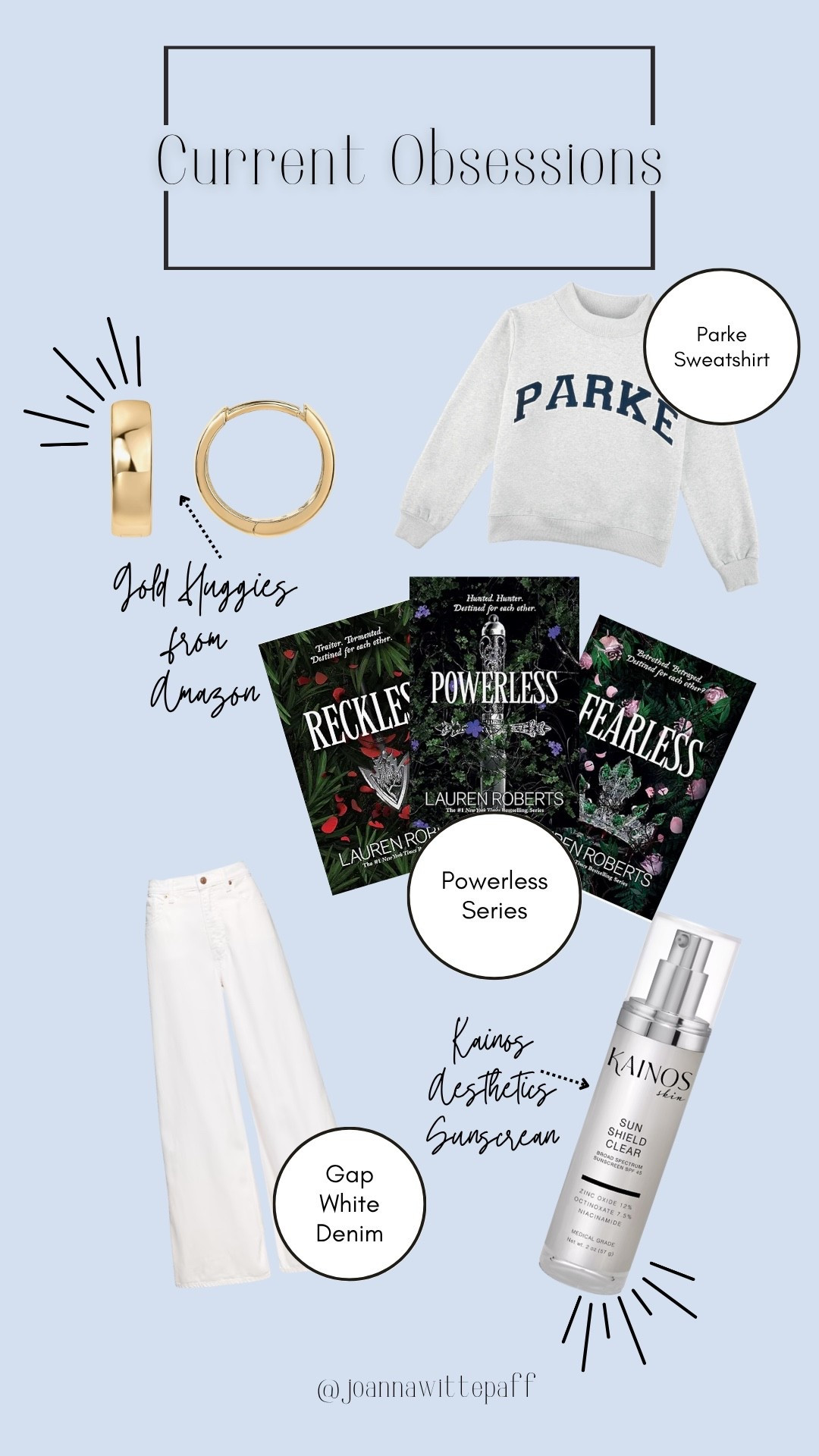 Things I’m currently obsessing over - 
1 - Parke Mock Neck Sweatshirt
2 - Gold Huggies from Amazon
3 - Powerless Series 
4 - Gap White Denim
5 - Kainos Aesthetics Sunscreen 

#LTKSummerEdit #LTKSeasonal