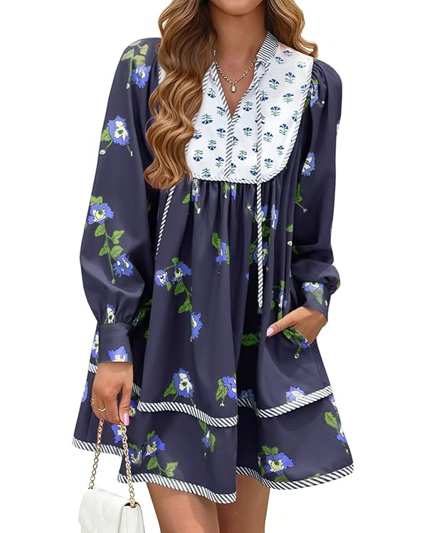 Womens Floral Mini Dress V Neck Long Sleeve Patchwork Loose Babydoll Boho Flowy Short Shift Shirt... | Amazon (US)