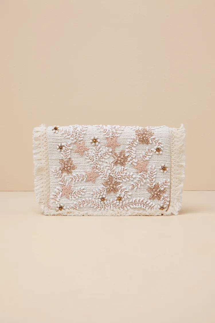 Sabriyya Cream Tweed Beaded Fringe Clutch | Lulus